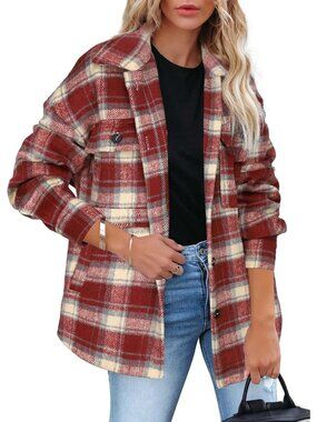 〽️Women's Red Beige Flannel Plaid Button Down Brush Pockets V-Neck Winter Jacket